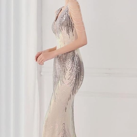 Silver/Gray Striped Print, V Neck, Backless, Sleeveless, Beaded, Sequined Gown - Picture 10 of 16